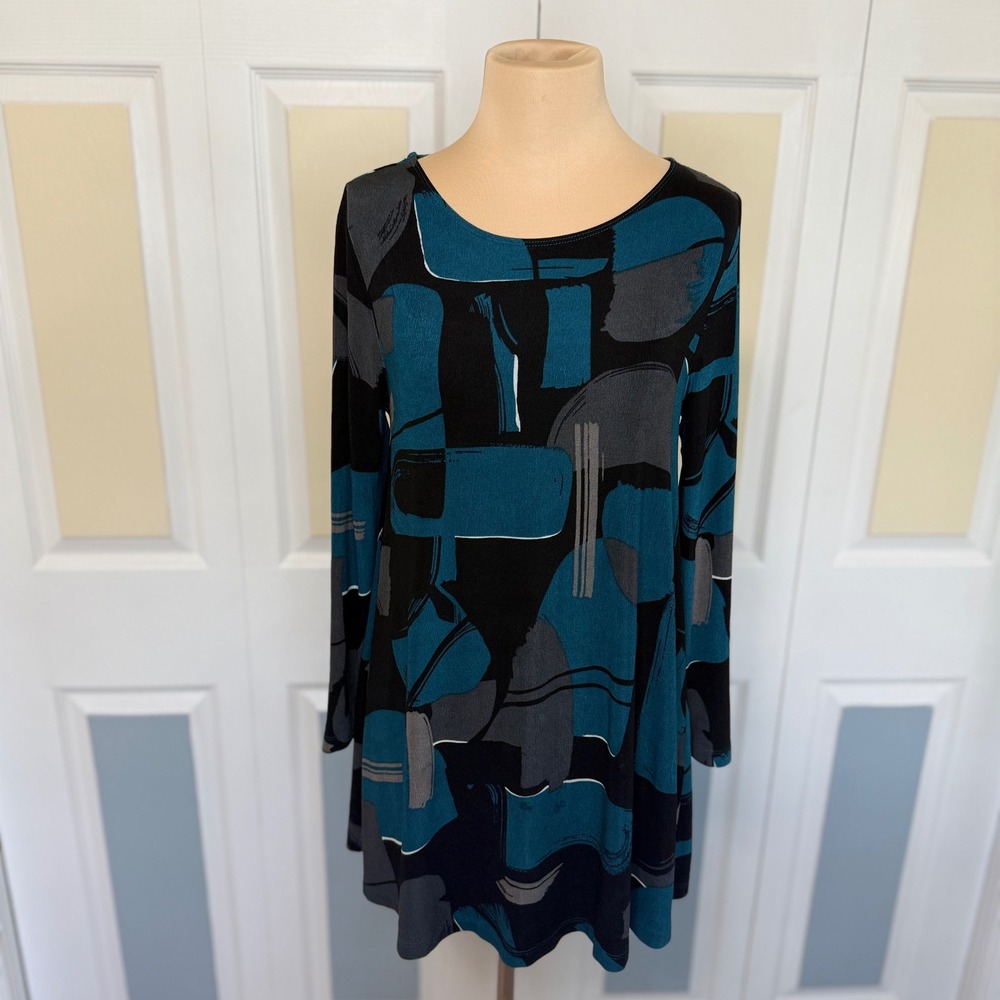 Chicos Travelers Teal Black Abstract Geometric Long Sleeve Tunic Top Size 0 S